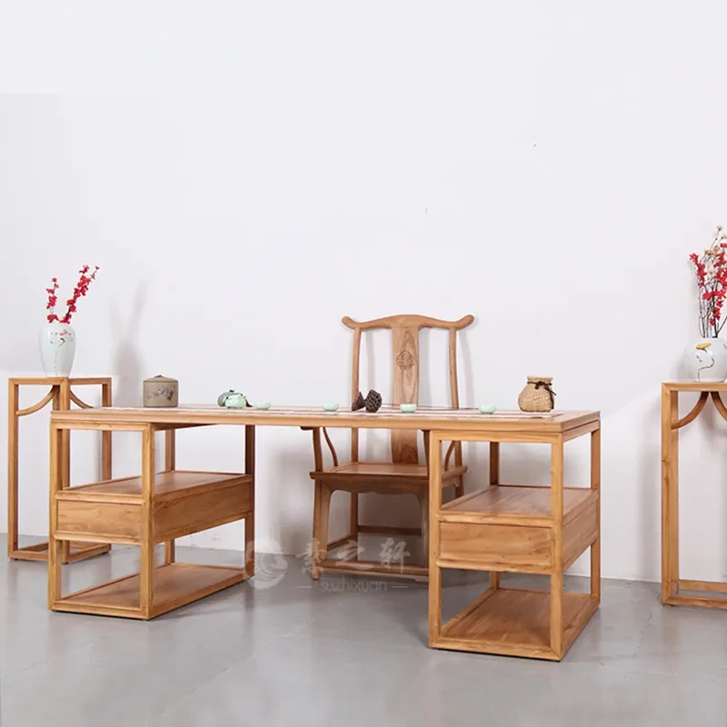 for New Chinese Style Elm Computer Desk Solid Wood Modern Simple Painting Calligraphy Table Home Writing Study Desk