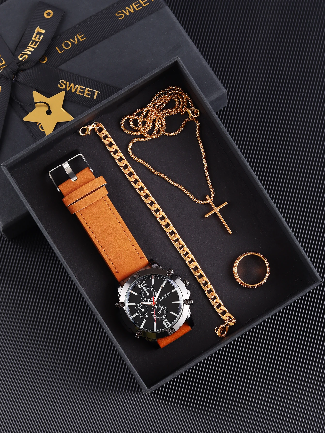 3pcs Casual alloy dial leather quartz watch with gold necklace ring bracelet set Party all-in-one collection gift