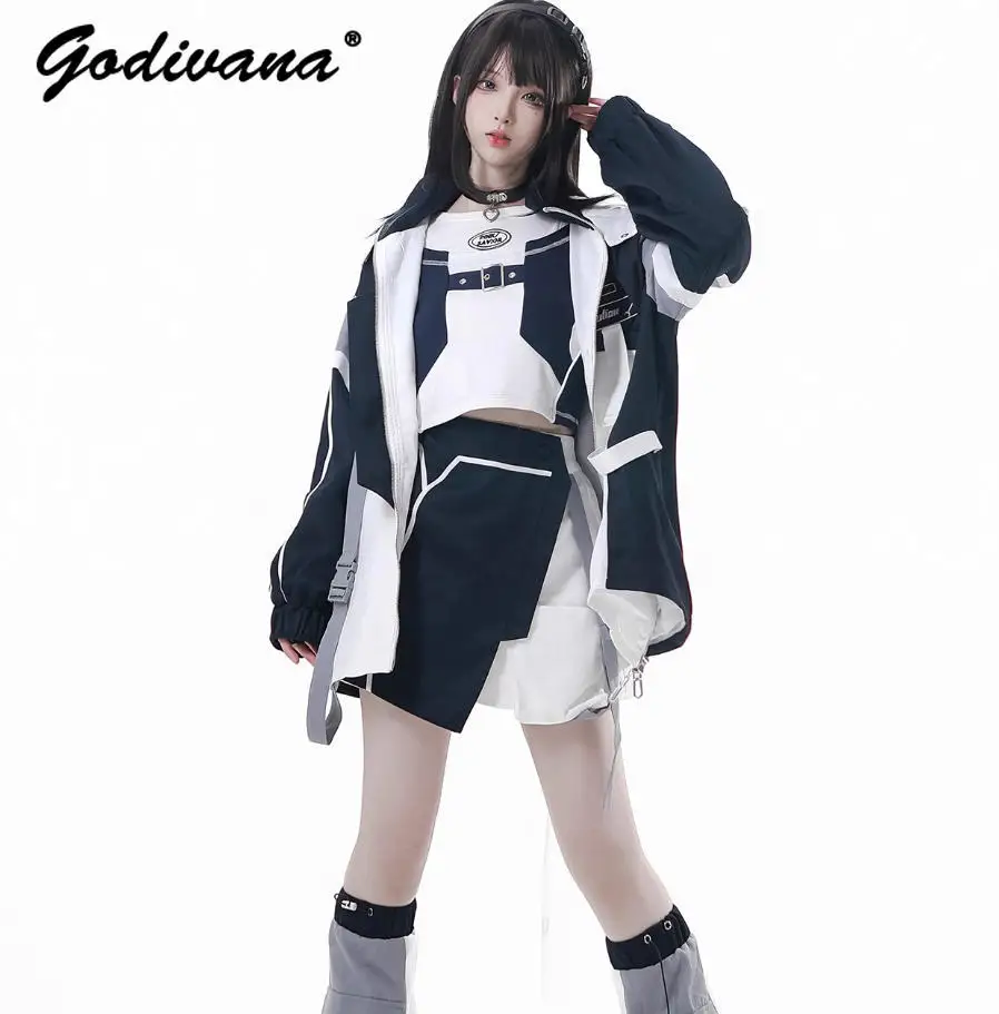 

Futuristic Functional Blue and White Embroidered Workwear Jacket College Style Tank Dress and Skirt Girl Women's Cool Outfits