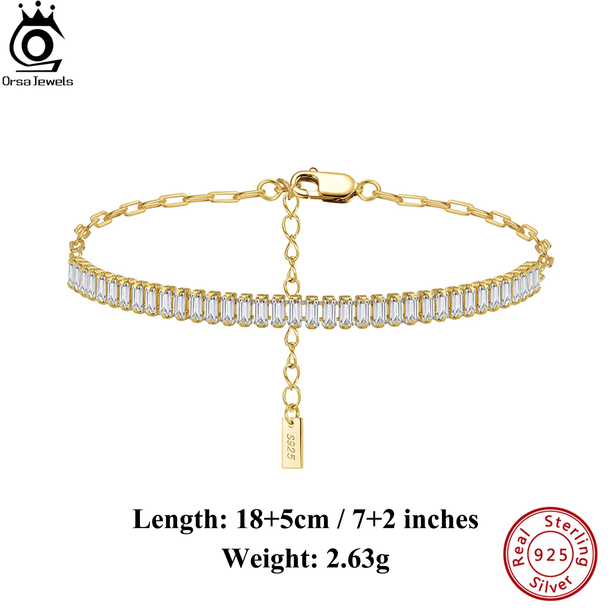 

ORSA JEWELS 14K Gold 3.5*1.5mm Emerald Cut Sparkling 5A Cubic Zirconia With PaperClip Chain Tennis Bracelet Retro Present SB215