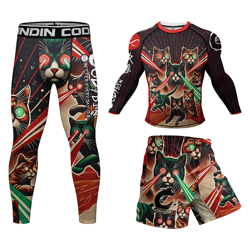 

Running Sportswear Sportsuits Men Brazilian Jiu-Jitsu Wrestling Clothing 4 Pcs/Sets MMA Shorts+Leggings+Rashguard With Rubber