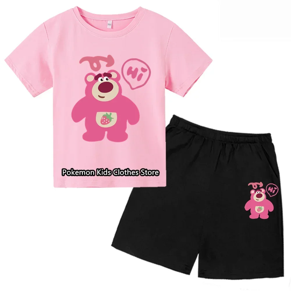 Kawaii Lotso BearT-Shirt Set Teenager Baby Boy Clothes Breathable Tees Short Sleeve Tops Girls Tshirt Kids Cool Short Pants Suit