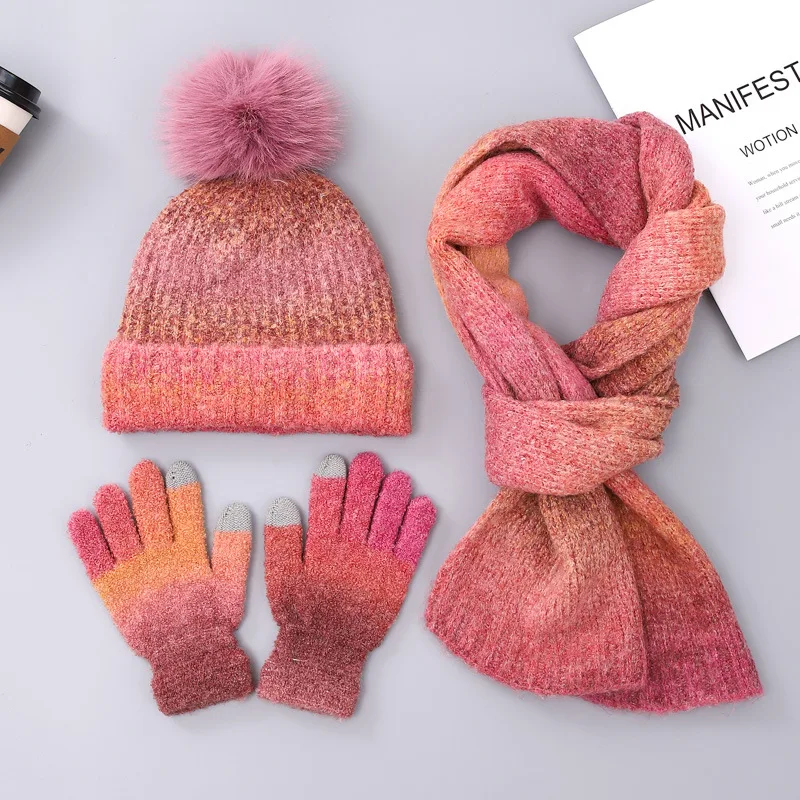 

New Zajin Woolen Hat Scarf Gloves Three-Piece Set, European and American Fashion Pom-Pom Knit Hat Set