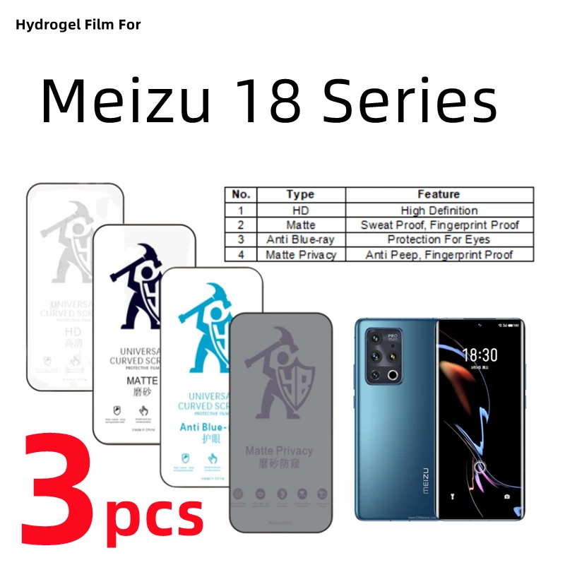 3pcs HD Hydrogel Film For Meizu 18 Pro Matte Screen Protector For Meizu 18S Pro Eye Care Blueray Anti Spy Matte Protective Film