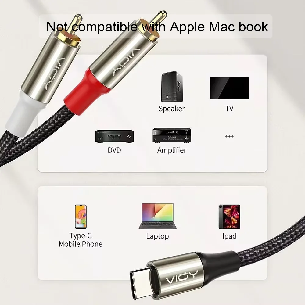 Kabel USB-C na 2RCA Kabel przejściowy typu C na męski RCA Kabel przejściowy 2RCA Jack USB-C do telefonu Samsung Tablet DVD Wzmacniacz Głośnik