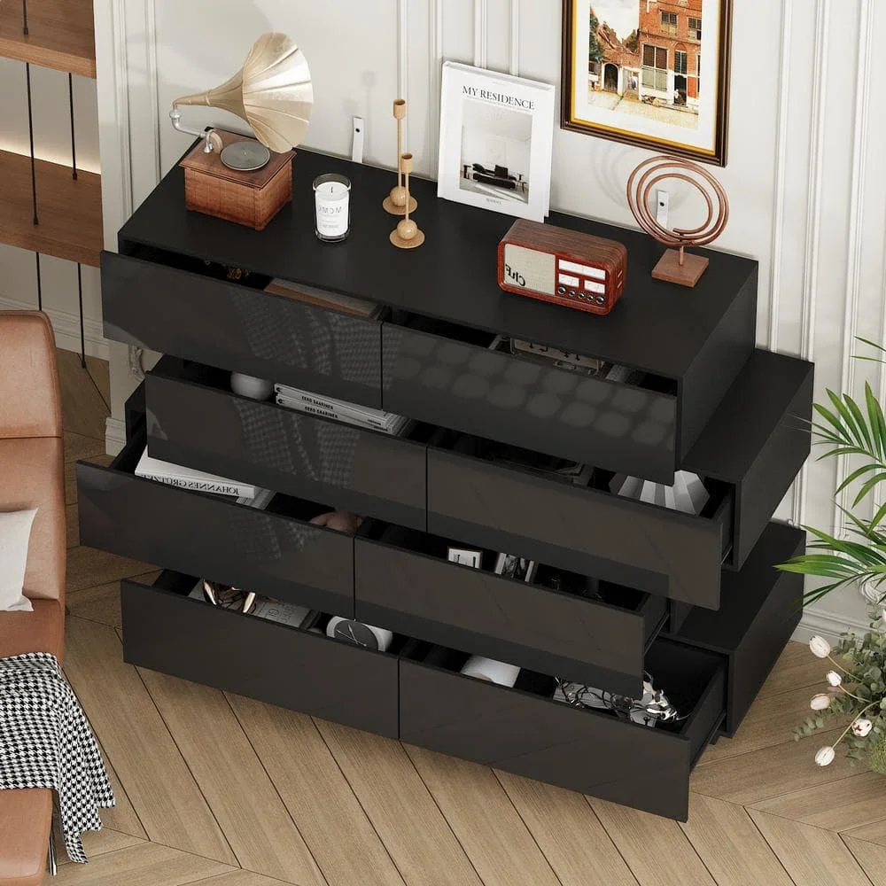 50.6 بوصة. W خزانة مزدوجة ذات 8 أدراج من الخشب الأسود شديد اللمعان، طراز حديث، 16.2 بوصة. د × 39.2 بوصة. ح