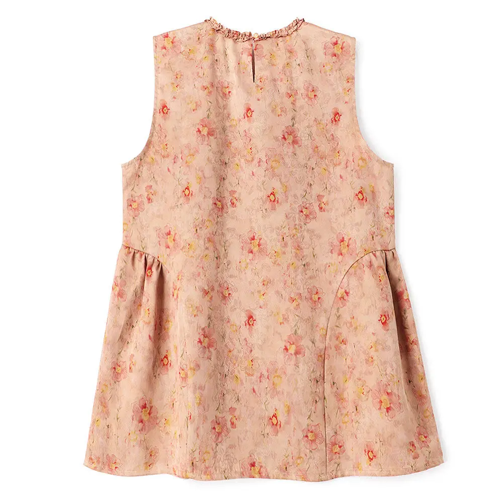 BirdTree-Silk Elegant Vest, O Neck Jacquard Ruffles, Women Sweet Age Reduction Loose Doll Tank Top, 2026 Summer New T661101CC