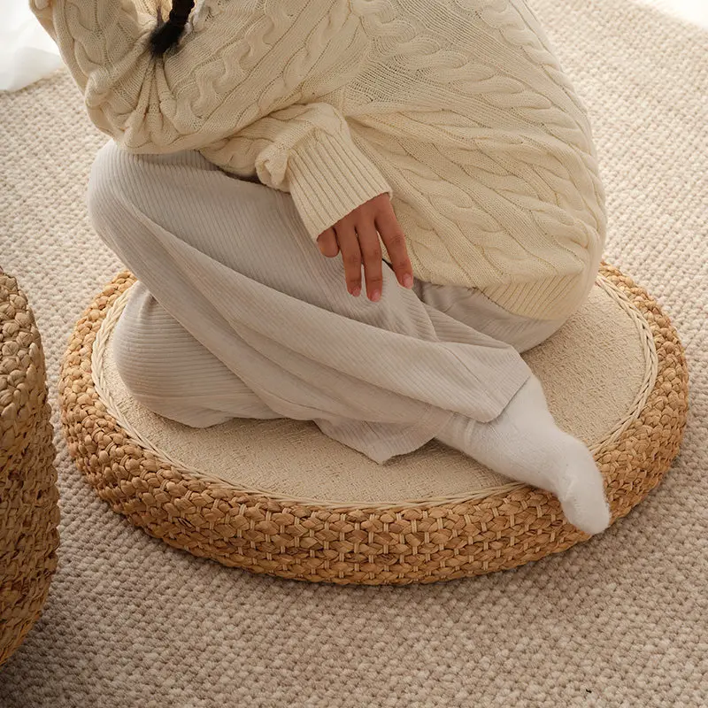 Rattan Woven Floor Cushion for Reading Large Tatami Meditation Mat for Yoga Handmade Straw Pouf for Home Comfortable Futon