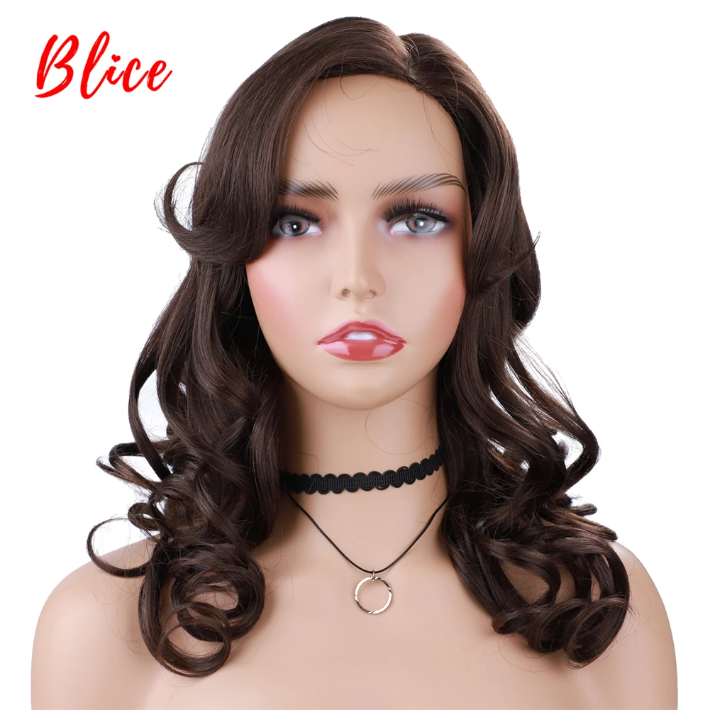 Blice Synthetic Hair Wigs Side Free Bang African American Women Wavy 18Inch With Baby Hair Mixed Color Brown Curly 4/8#