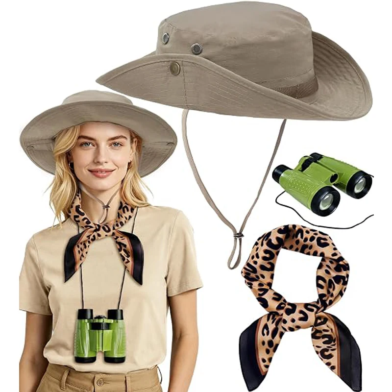 3 PCS Safari Costume Women,Safari Hat Set Halloween Costume Adult 3 PCS Safari Costume,Safari Hat/Leopard Scarf /Binoculars,Zoo Keeper Costume Adult,Lightweight,Easy