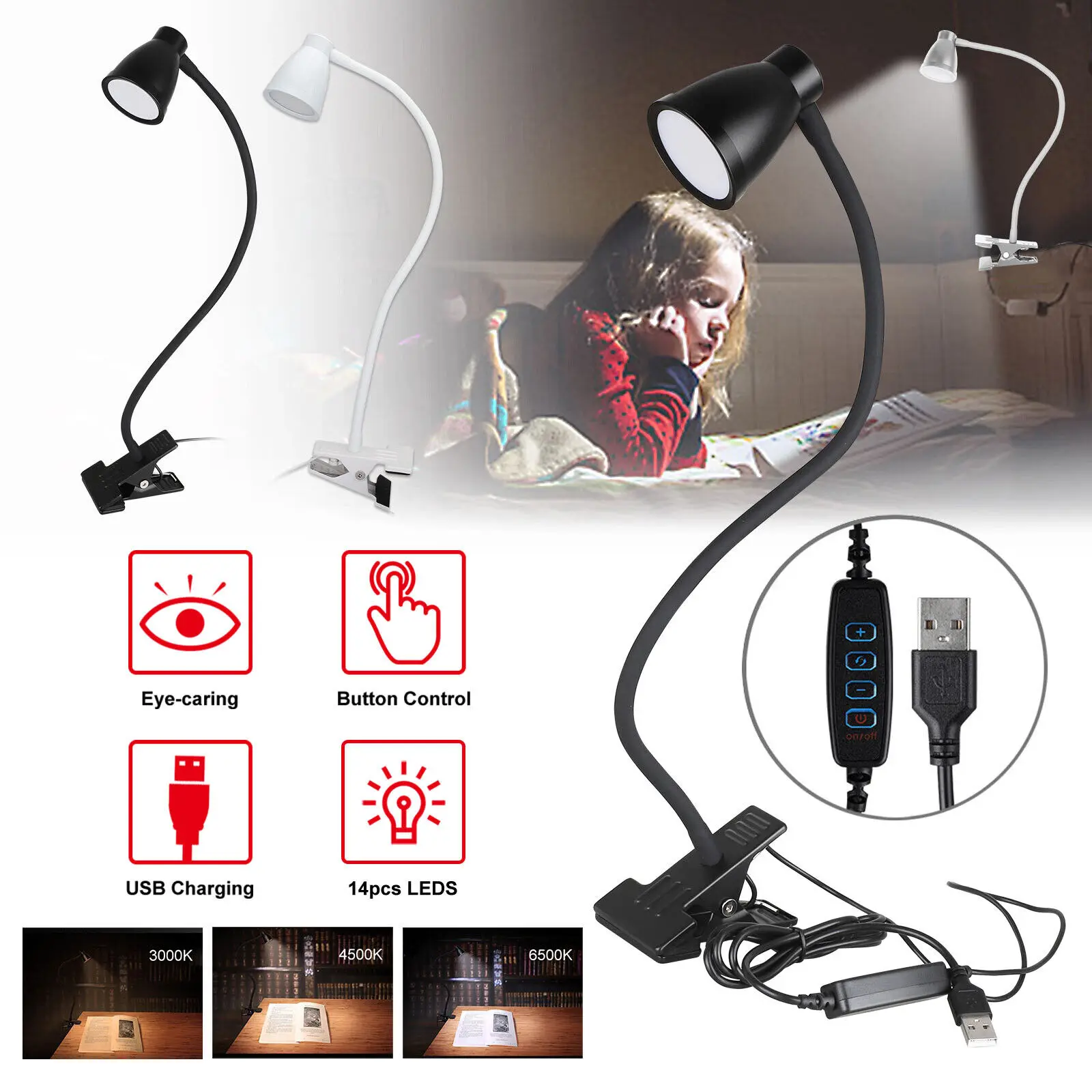 3Colors Horn Type LED Desk Lamp With Clamp Base Adjustable Gooseneck USB Clip Lamp Cupboard Desk Bedside Small Book Lamp image 3