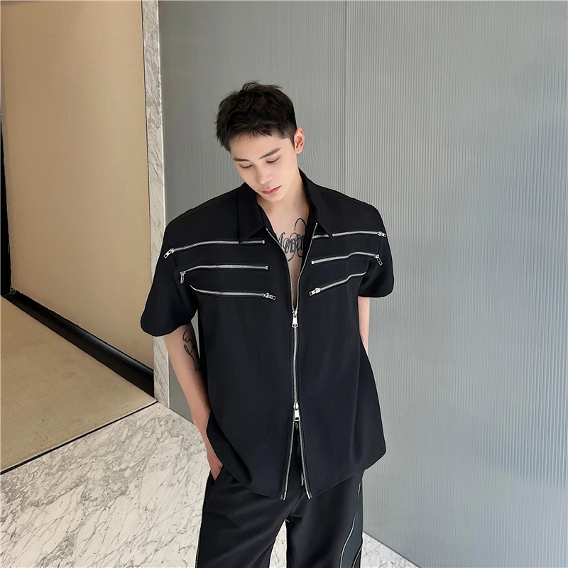 

Summer Men's ort Sve irt Zipper Decoration Design oulder Pad Sli Korean Version f Sve irt Youth Trend Po...