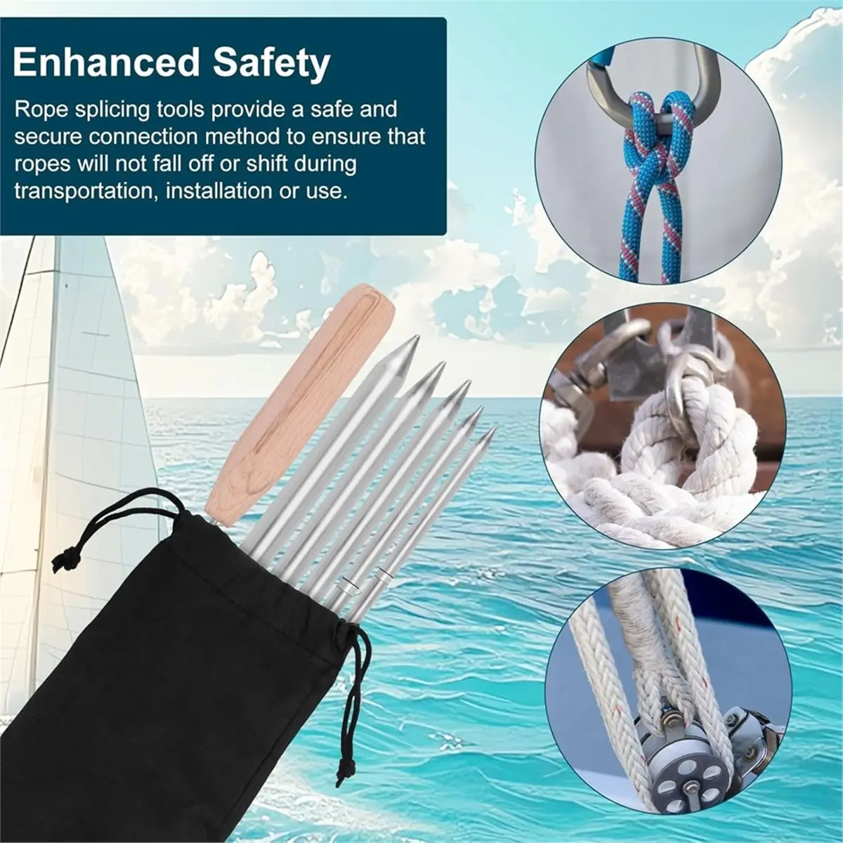 Rope Splicing Kit with Handle for Paracords Lacing Needles and for Braided Rope Connections, 5 Different Sizes