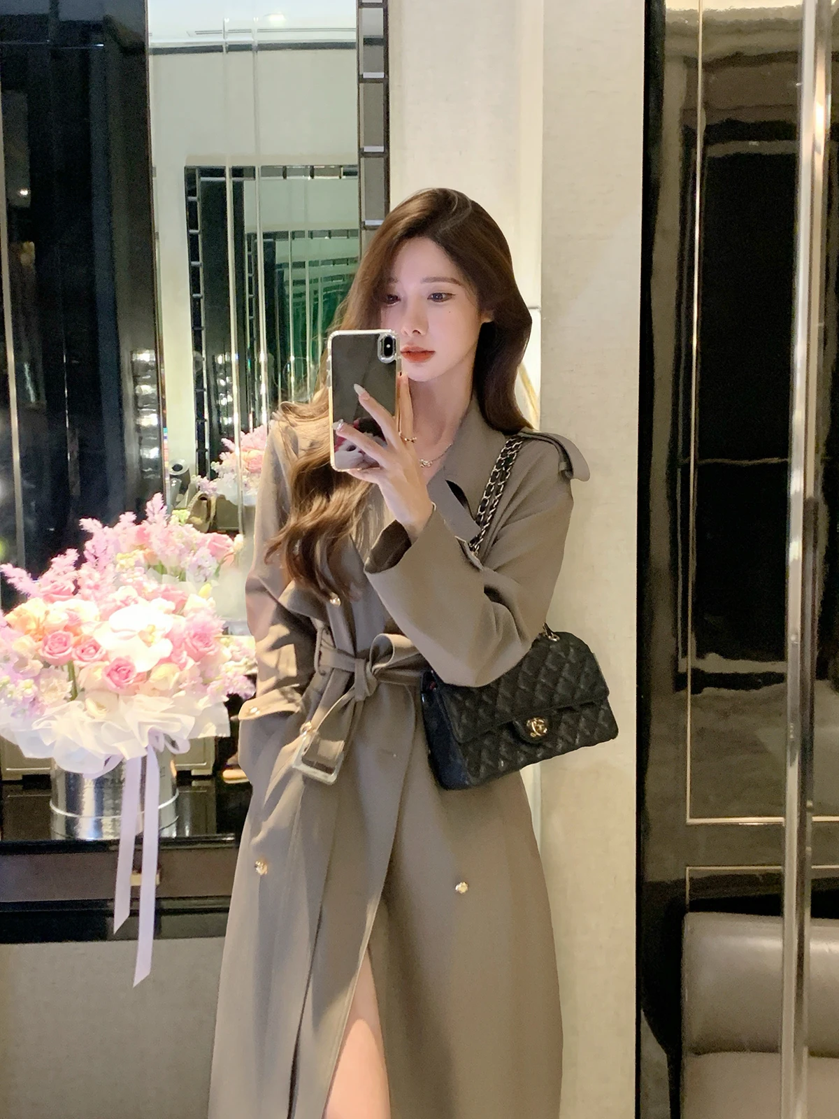 

Женское пальто средней длины Justqin 2025: осенняя модная верхняя одежда с поясом, приталенное, для повседневной носки, с длинными рукавами, однотонное