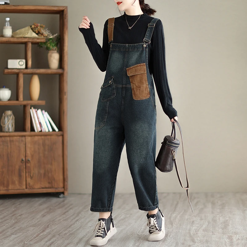 Fashion Streetwear Denim Jumpsuit Women Vintage Loose Patchwork Color Contrast Jeans Overalls Pockets Wide Leg Cargo Baggy Pants