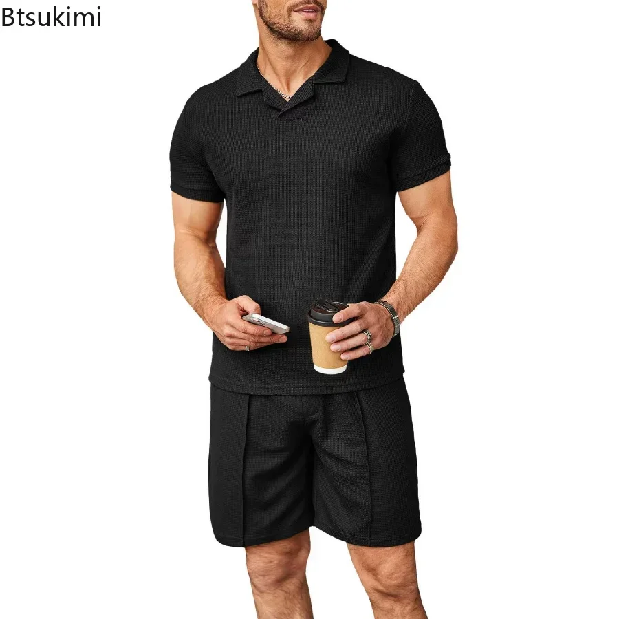 2025 Men's Summer Casual Short Sleeve Shirts and Shorts Sets Waffle V-neck Polo Shirt Lapel Cool 2PCS Sets Male Solid Suit Sets