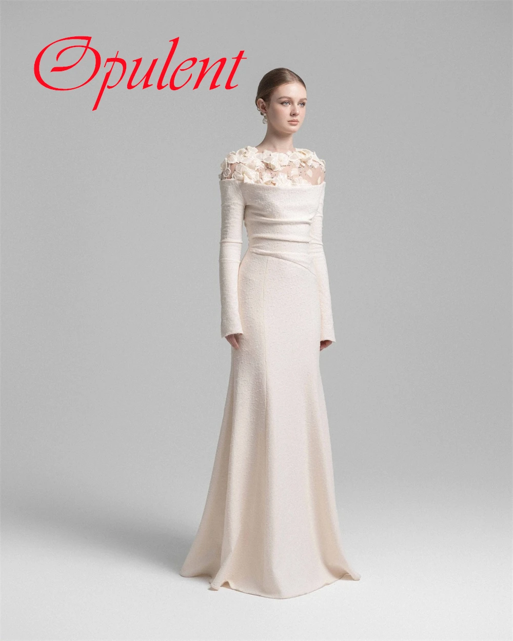 カスタマイズされた高品質の白いジャージー素材のイブニングドレス、エレガントで優雅なクルーネック、長袖のカクテルドレス、フォーマルなパーティードレス