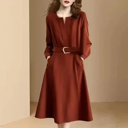Ladies Fashion New V-neck Lace Up Vestidos Women Solid Color Maxi Dress Spring Autumn Female Elegant Belt Long Dresses  ﻿