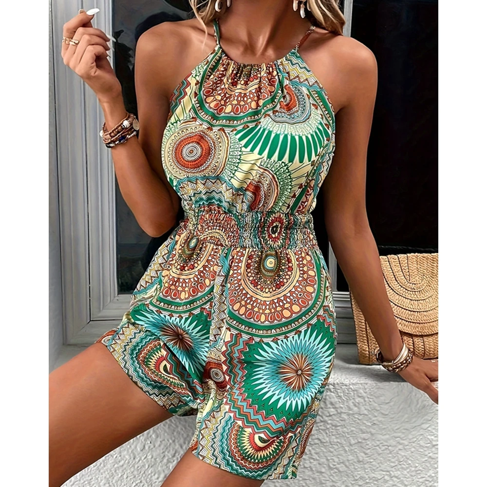 

2024 New Style Summer Women Geometric Print Shirring Waist Design Romper Casual Tied Detail Femme Sleeveless Round Neck Outfits