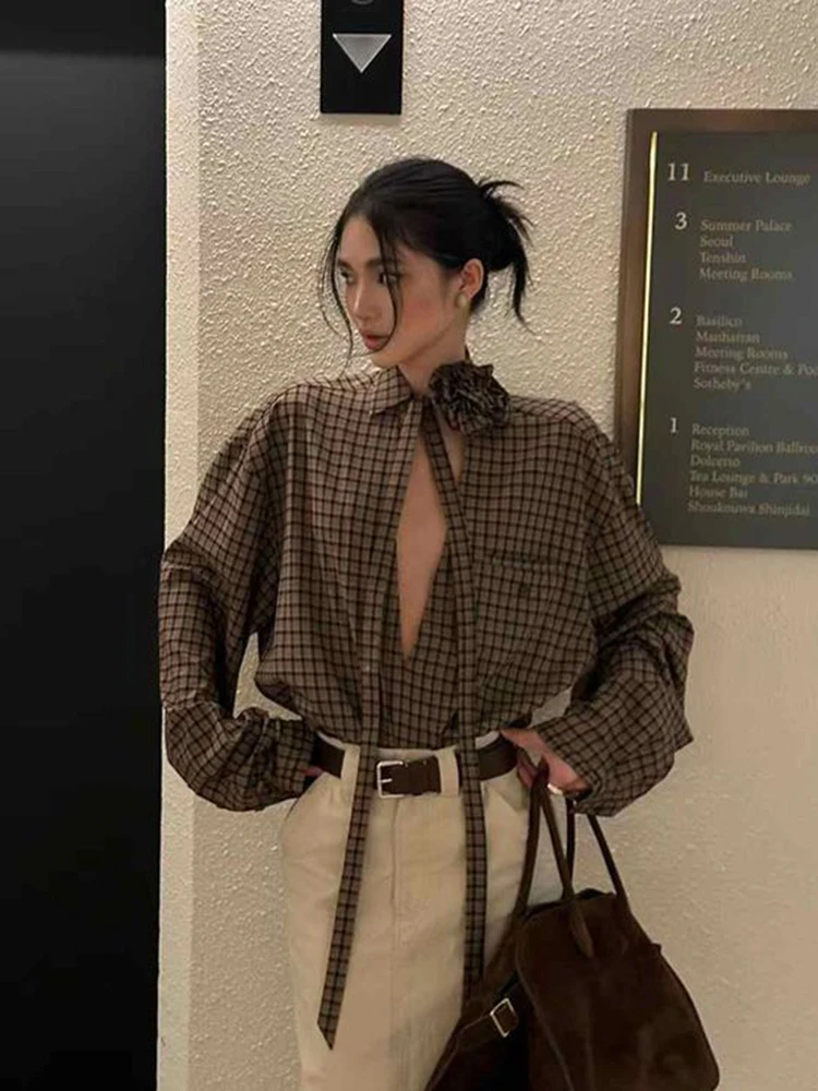 

Jmprs Выдалбливают Y2K клетчатые рубашки Женская уличная одежда Винтаж 3D Цветочная блузка на шнуровке Готический свободный американский повседневный топ с длинным рукавом