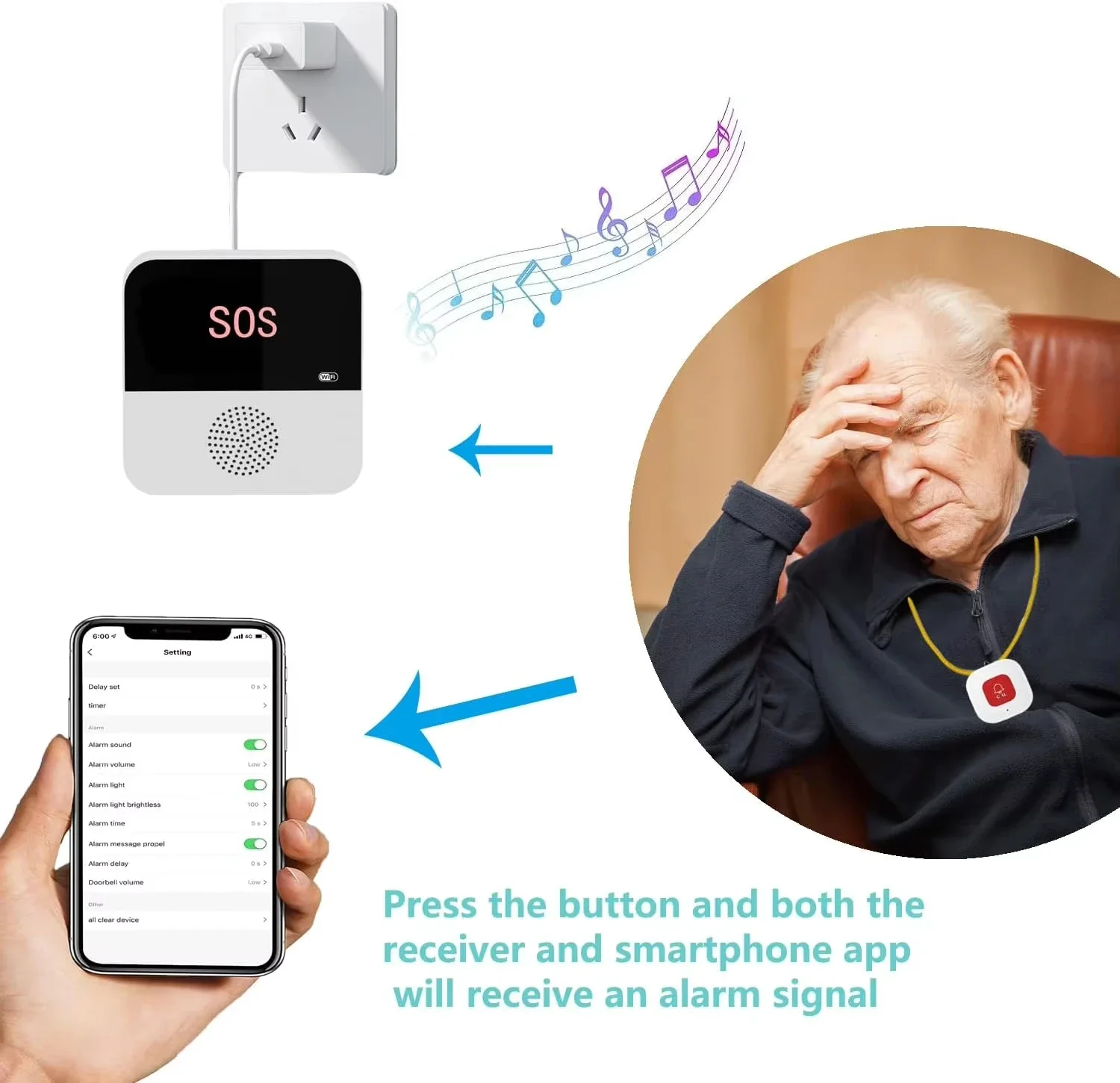 DFA Home WiFi Elderly Caregiver Pager Smart Panic Call Button Ring Emergency SOS Medical Alert System for Seniors Patients At