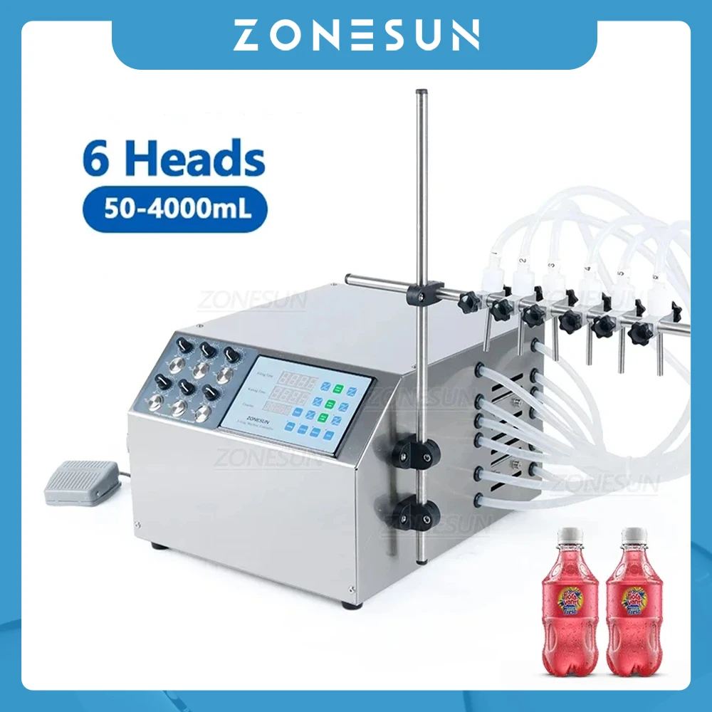 ZONESUN 6-head Liquid Filling Machine Semi-auto Diaphragm Pump Bottle Filler Juice Milk Beverage Packaging Machine ZS-DPYT6P