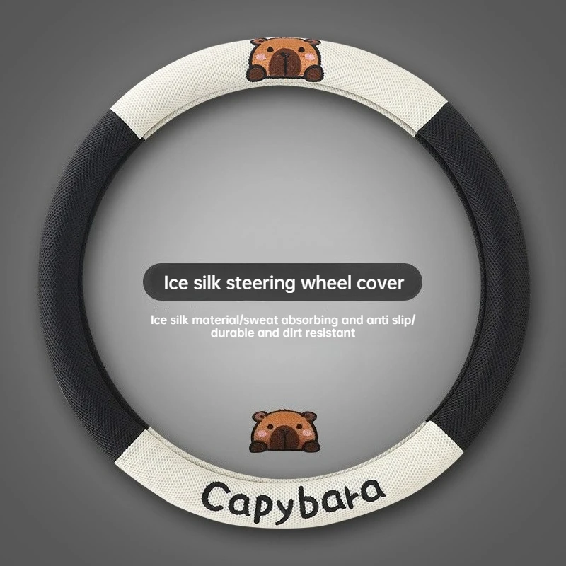 Summer Ice Silk Car Steering Wheel Cover Cute Cartoon Bear Design Soft Non-Slip Automobile Accessory for Comfortable Grip