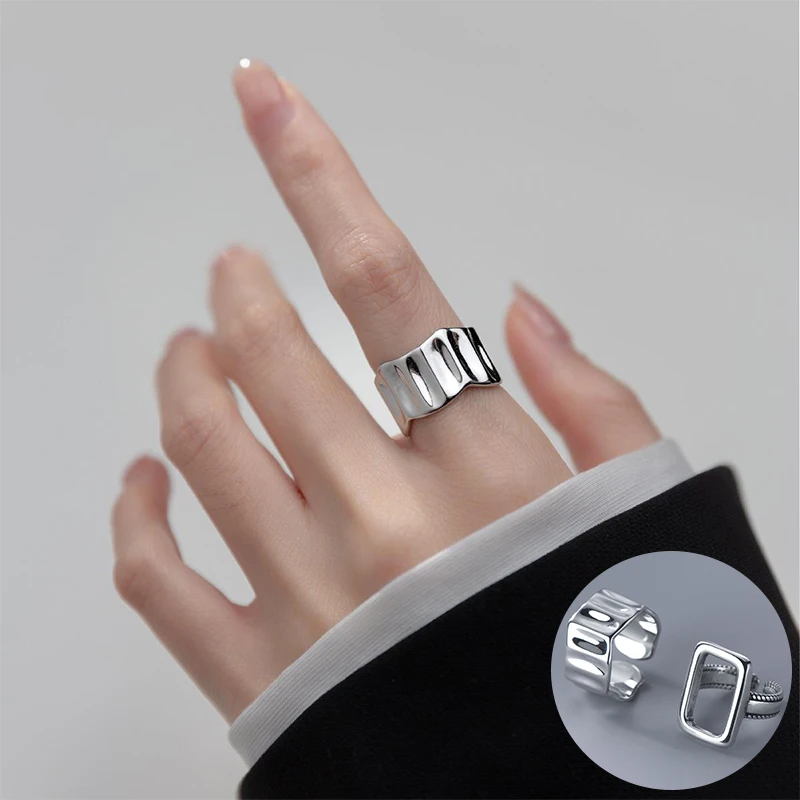 

100% 925 Sterling Silver Geometric Open Ring for Women Girl Simple Wide Wave Hollow Out Design Jewelry Party Gift Dropshipping