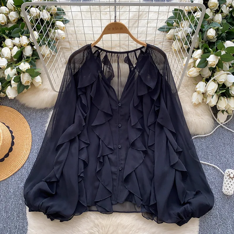 

Fairy Top 2025 New French Style Layered Ruffled Shirt Thin Sheer Pullover Chiffon Cardigan