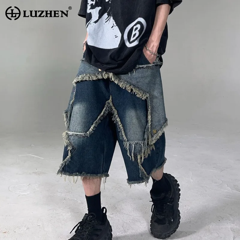 

LUZHEN Tassel Burr Splicing Design Retro Washed Denim Straight Shorts Original Personalized Trendy Loose Street Men Jeans LZ4238