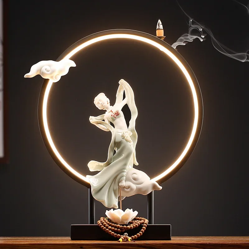 Dancer Backflow Incense Burner with LED Lamp Circle USB Chinese Style Iron Bottom Ornaments for Home Decor Insence Holder