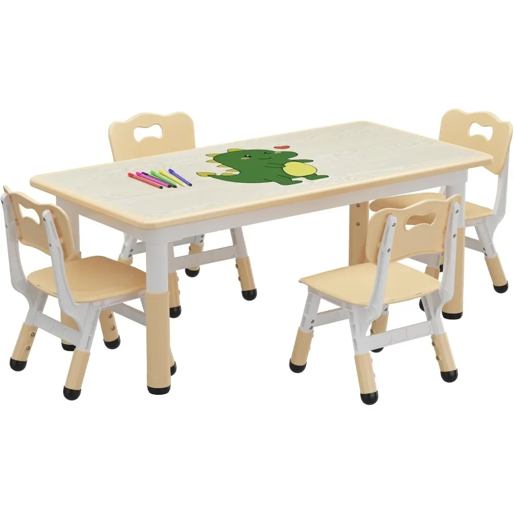 Toddler Table and Chair Set for Ages 2-10,Kids Table and 4 Chairs Set, Height Adjustable, Graffiti Desktop, Non-Slip Legs, Beige