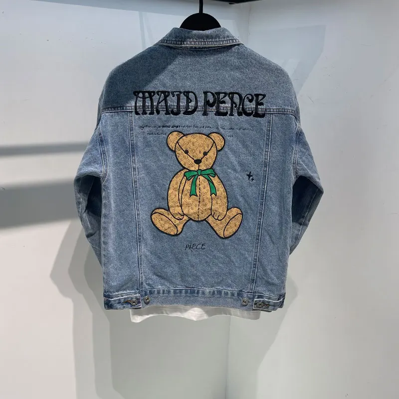 

Модная осенняя мужская повседневная джинсовая куртка с вышивкой медведя, уличная молодежная верхняя одежда, приталенный крой, длинный рукав