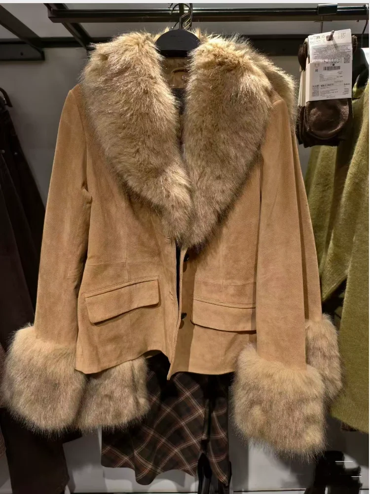 شتاء جديد المرأة سليم صالح فو الفراء تأثير المخملية بدلة جلدية Jaet خمر Sle طويل Sve زر إغلاق اللون #1