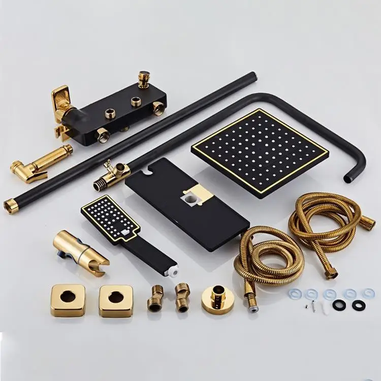 Square Bathroom Shower System Black Gold Bathtub Mixer Faucet Hot Cold Bathroom Tap Thermostatic Shower Set