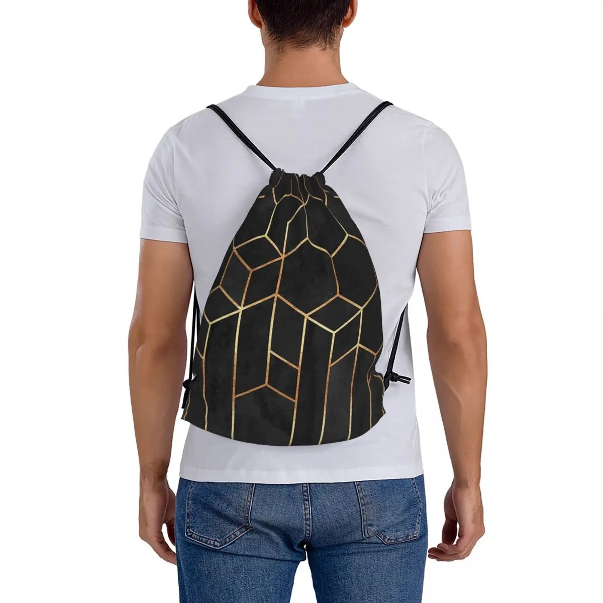 Sacs à dos hexagones noirs pour hommes et femmes, sacs à cordes de proximité portables décontractés, sac de sport de poche Bundle, sacs à livres pour étudiants