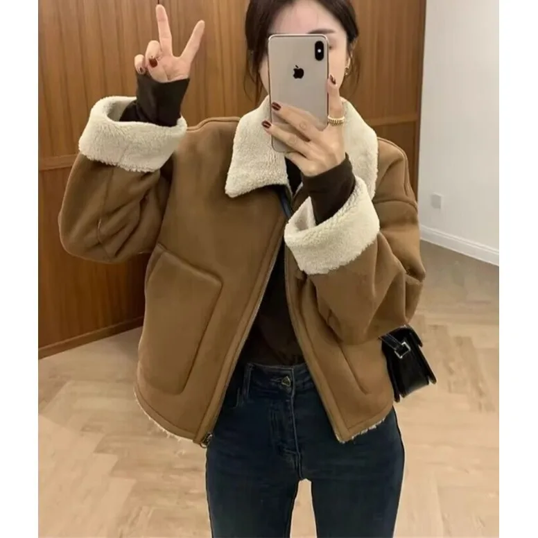 Thiened pele de cordeiro quente Jaet feminino motociclista Sle couro e pele outono inverno casaco ort fechamento com zíper C...