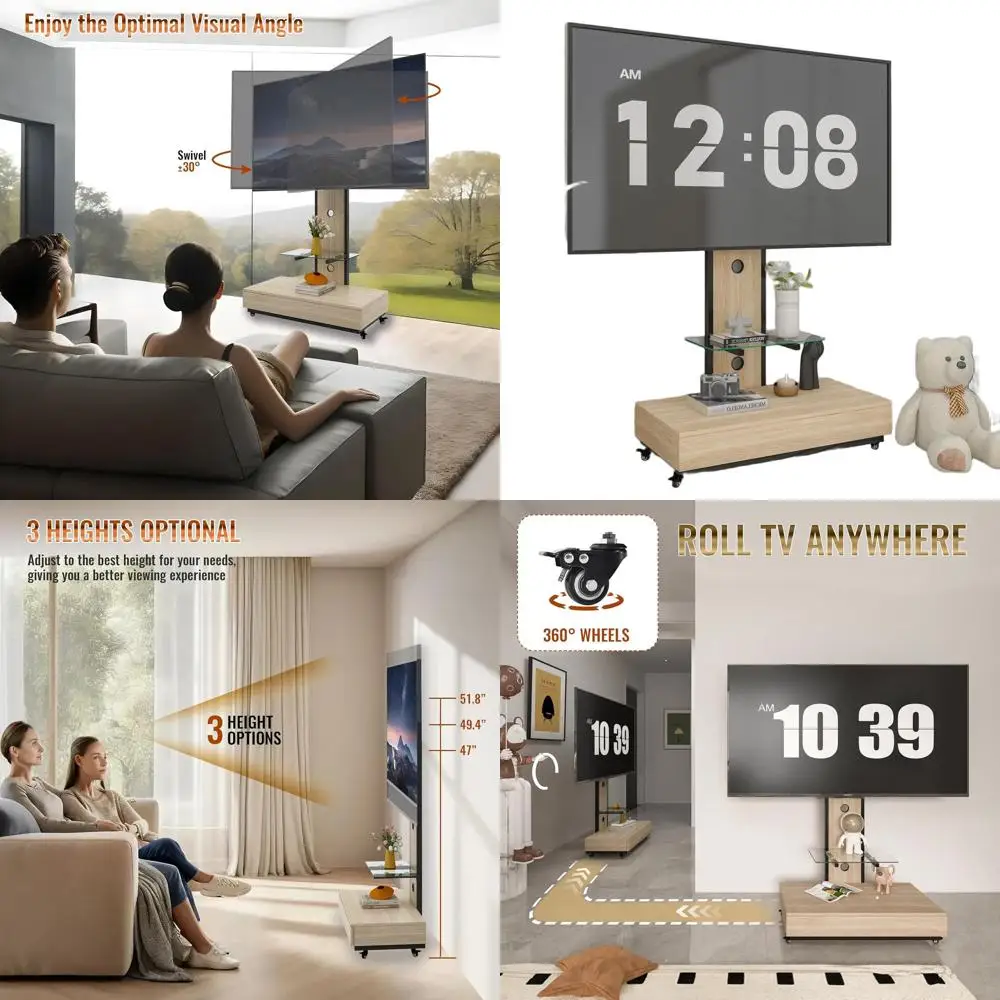 Adjustable TV Stand with Sliding Door and Lockable Wheels, Suitable for 32-75 Inch TVs in Living Rooms, Bedrooms, and Offices