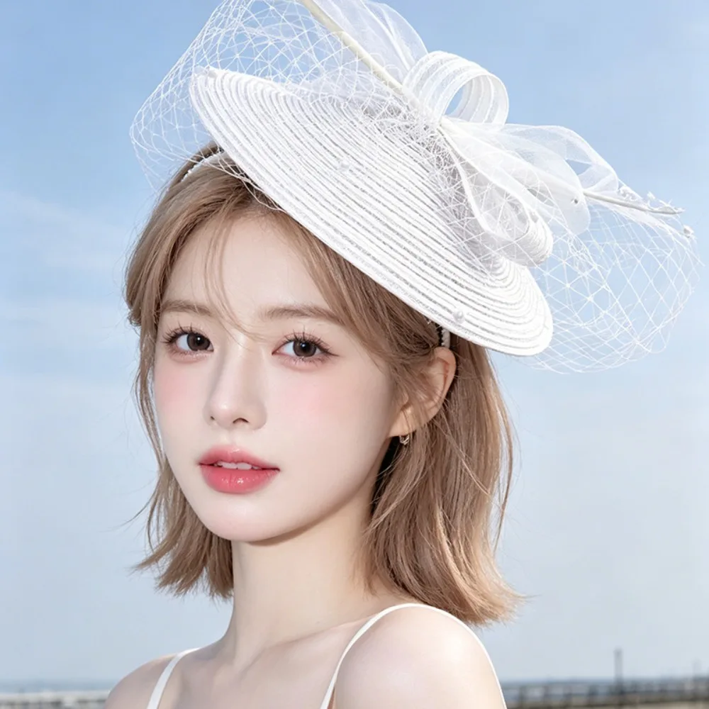 Hair Band Exquisite Mesh Bow Headband Elegant French Vintage Fascinator Hat Flower Wide Brim Kentucky Hat Photography