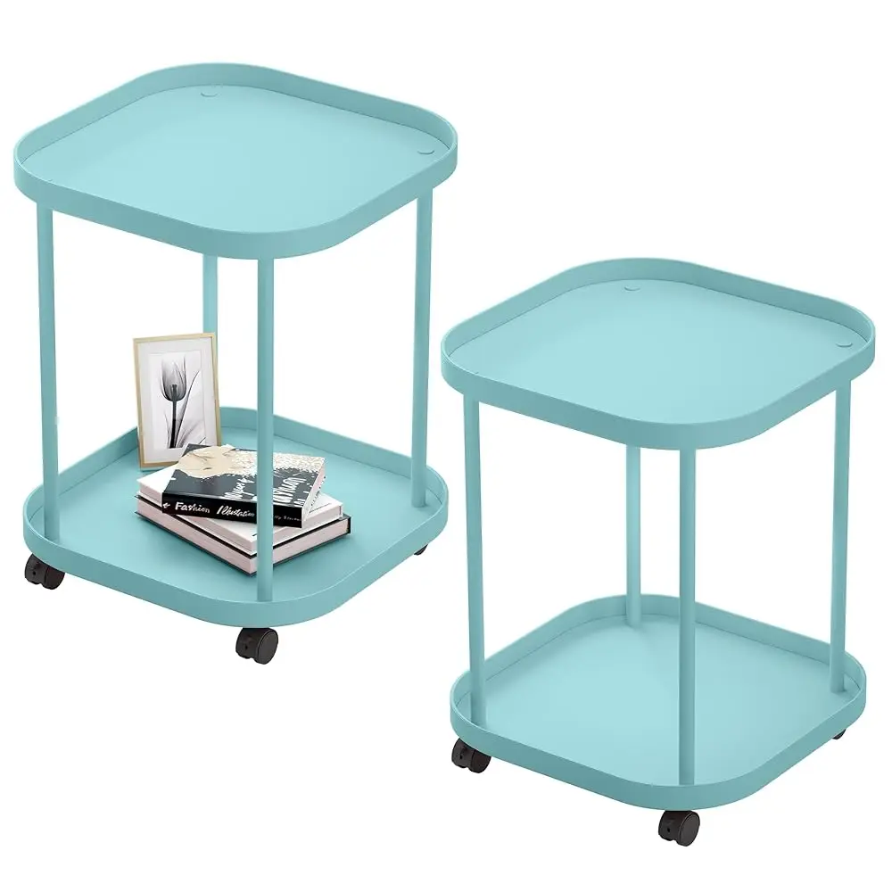 

Side Table With Wheels, End Table Living Room Plastic Mobile Sofa Side Table Small Night Stand Bedroom Blue (2 Pack)