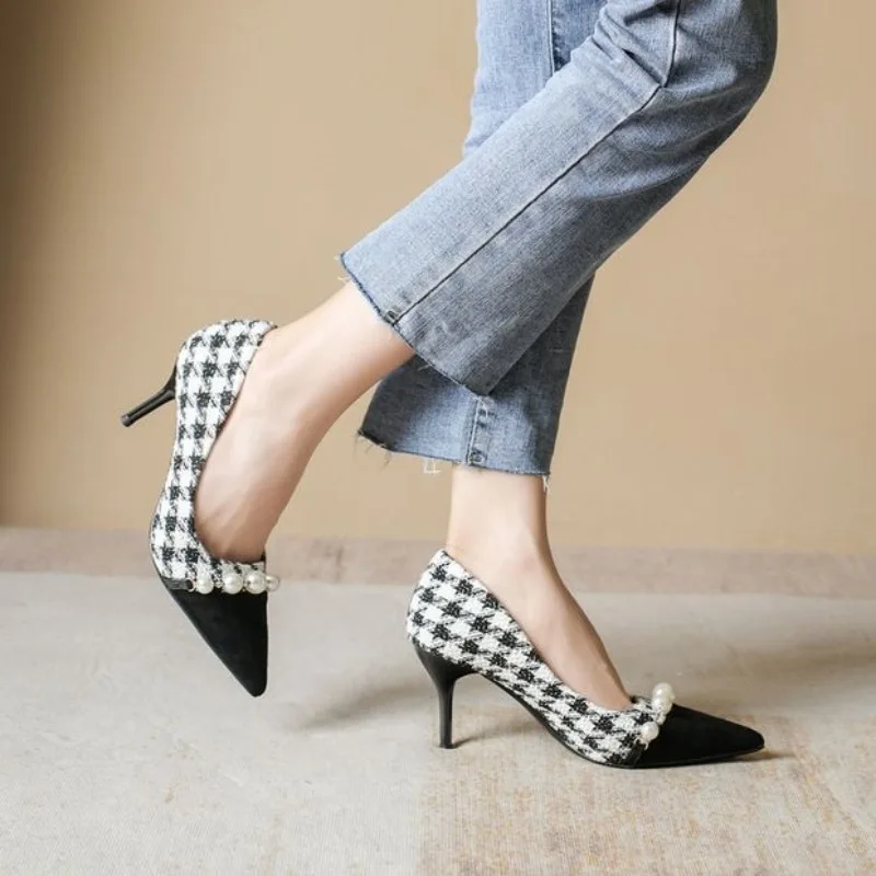 Thousand Bird Lattice High Heels Women 2024 Spring/summer New Pearl Professional Work Shoes Female Temperament Fine Heel Shoes