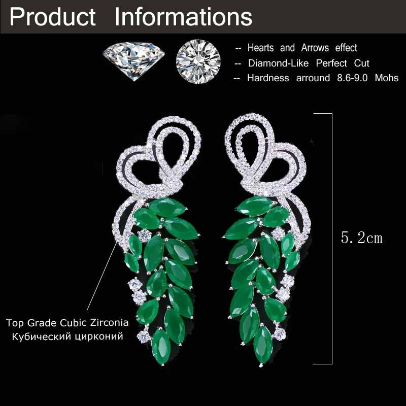 ThreeGraces New Fashion Green Cubic Zirconia Stone Silver Color Long Leaf Drop Earrings for Women Trendy Party Jewelry E1876