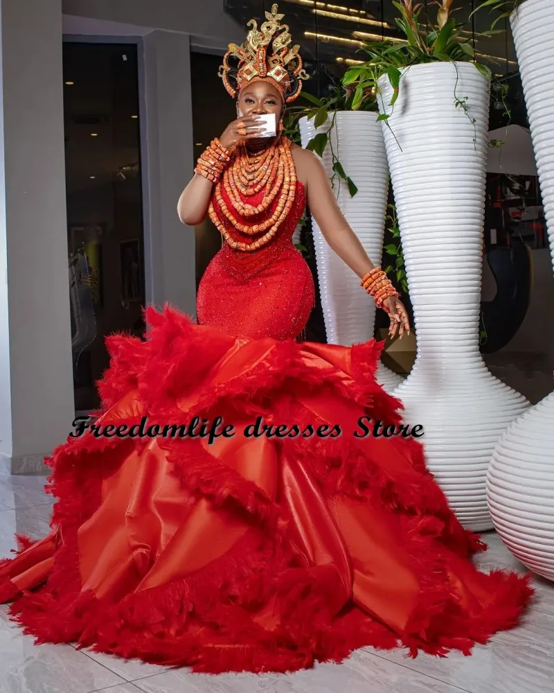 Formal Red Evening Dress For Women Feathers Wedding Party Classic Mermaid Prom Gowns Beading Robe De Soirée De Mariage