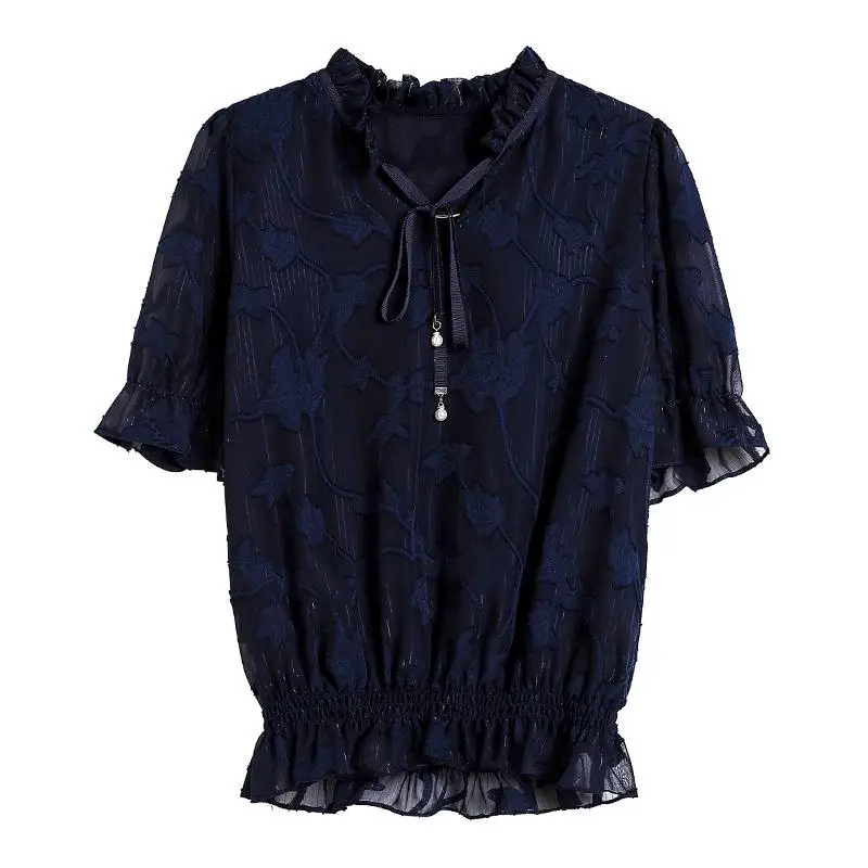 Fashion Floral Printed V-Neck Blouse Commute Women\'s Clothing Casual Drawstring Bow Summer New Short Sleeve Shirring Waist Shirt