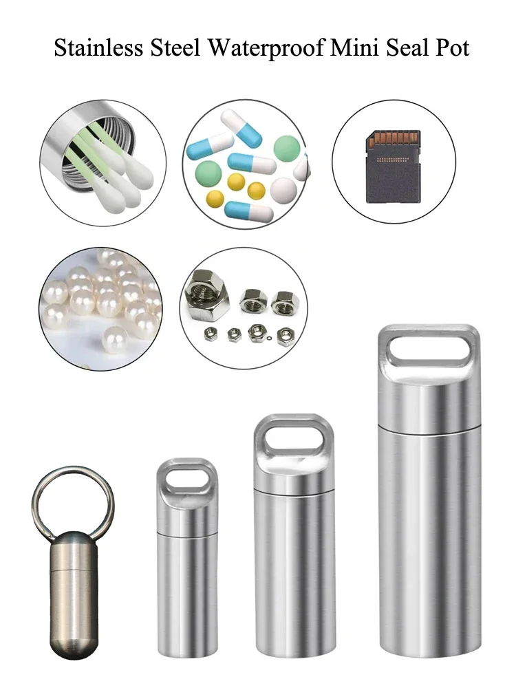 304 Stainless Steel Waterproof Mini Sealed Can Pill Portable Container Sealed Can Small Tool Parts Storage Bottle With Keychain