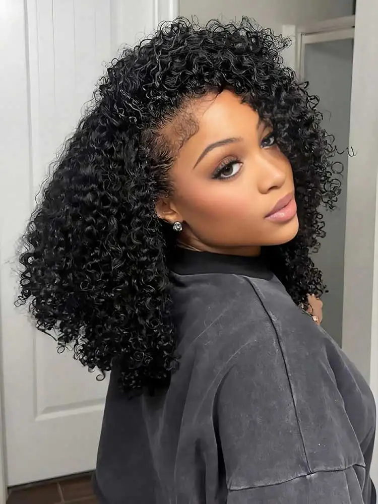 Afro Kinky Curly Half Wigs Human Hair Upgrade Wear & Go Half Wig With Drawstring Seamless Clip Ins Flip Over Curly Hair wigs