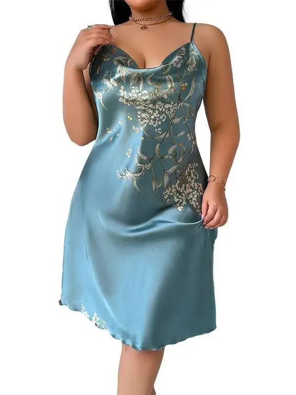 Nowa piżama damska plus size z nadrukiem, imitacja jedwabiu, seksowna sukienka na ramiączkach z poliestru, bez pleców, odzież domowa, codzienna odzież do spania AIBP
