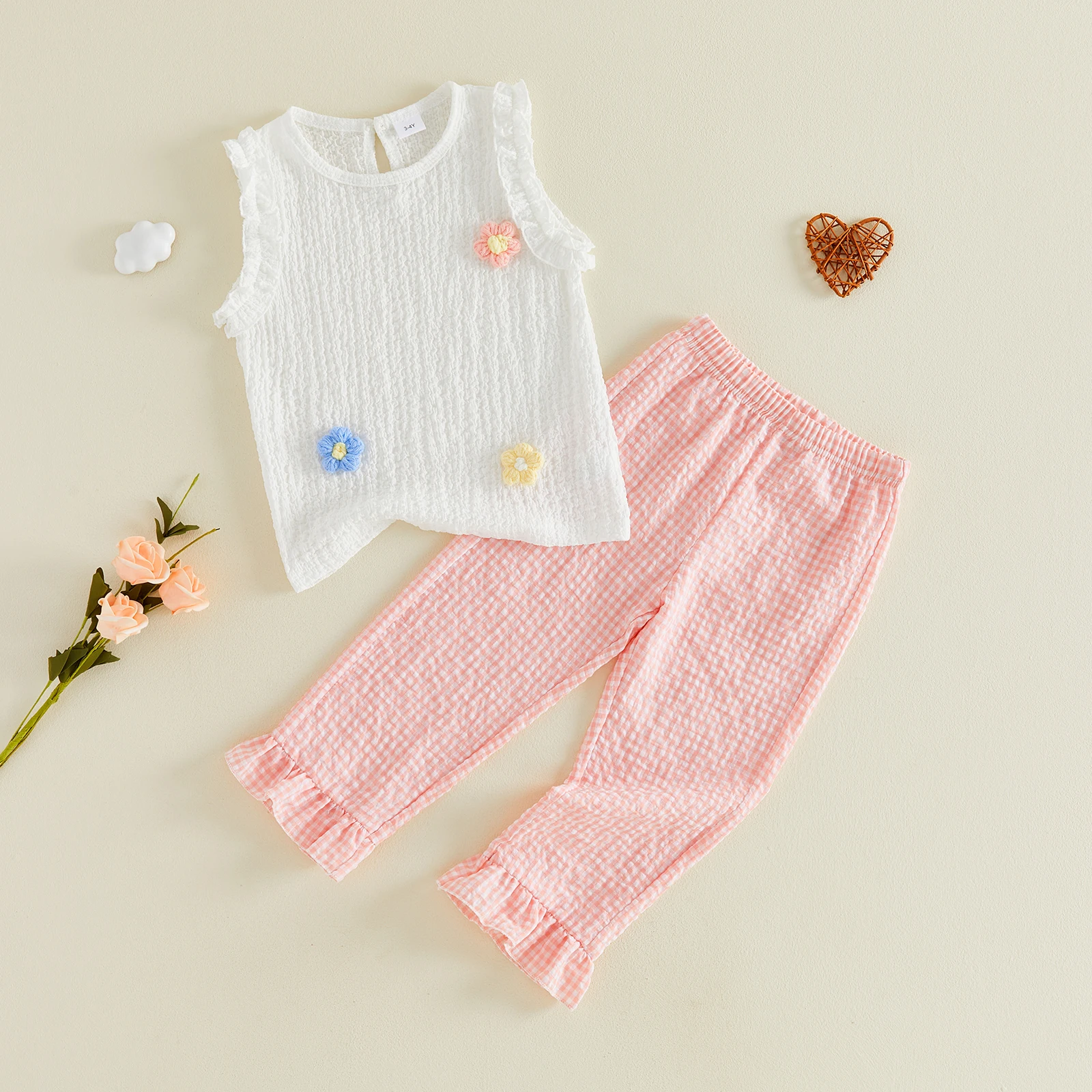 Girls Summer Two Piece Pants Set 3D Floral Sleeveless Crew Neck Tank Tops and Elastic Waist Plaid Trousers