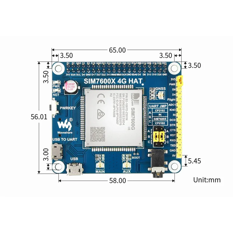 HAT SIM7600G-H 4G pour Raspberry Pi, support de la persévérance Cat-4 4G / 3G/2G, positionnement GNSS, bande globale