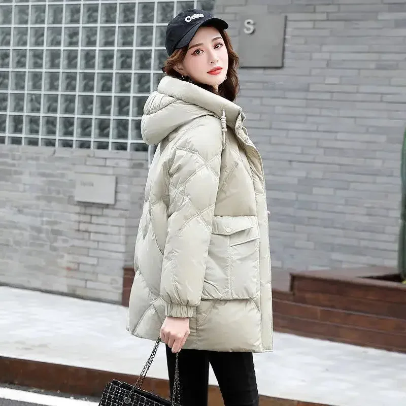 

Winter Parkas New Fashion Hooded Down Padded Jacket Women Korean Mid-Length Pockets Slim Thick Warm Cotton Clothes Female B521